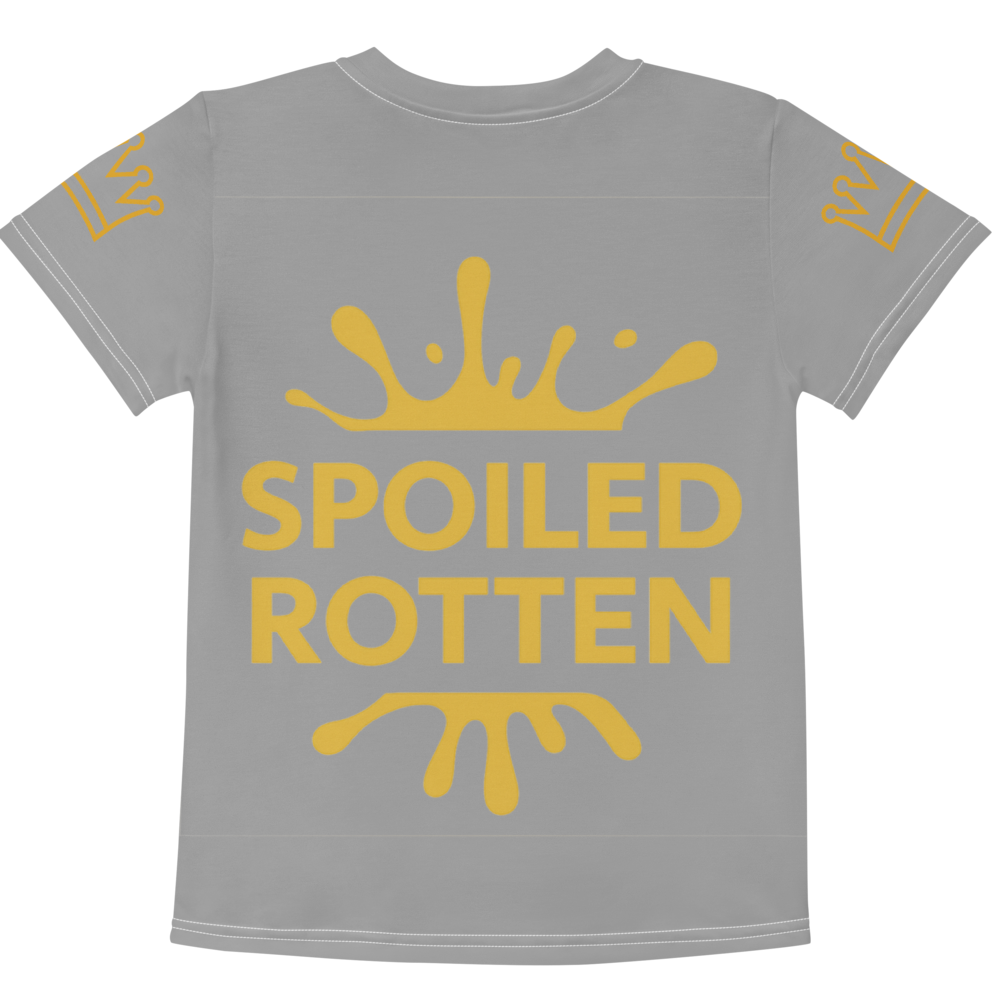 Gray t-shirt with 'Spoiled Rotten' text in yellow on a white background