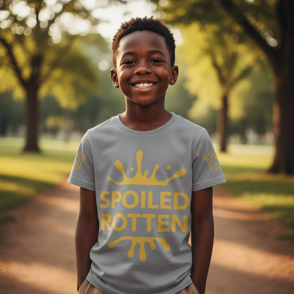 Child wearing a gray t-shirt with 'Spoiled Rotten' in yellow text, standing in a park.