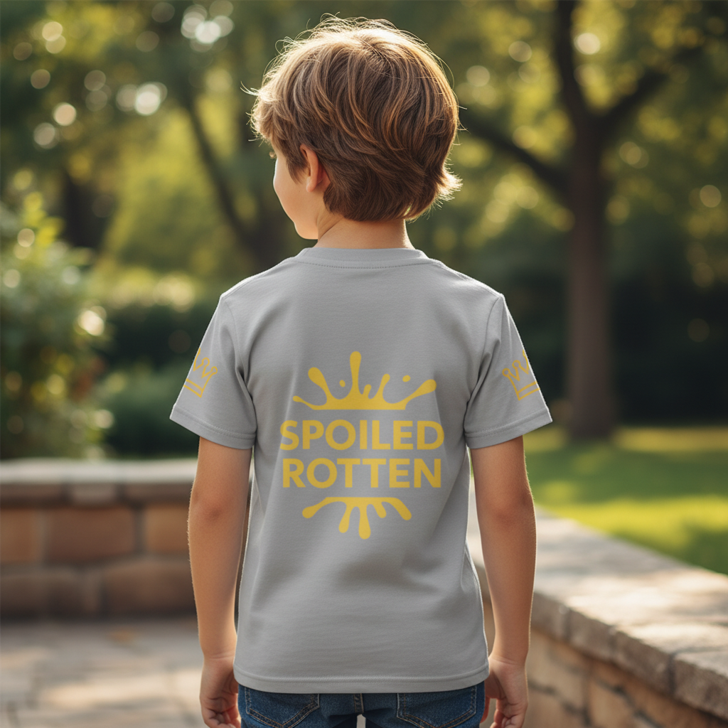 Child wearing a gray t-shirt with 'Spoiled Rotten' in gold on the back, standing outdoors.