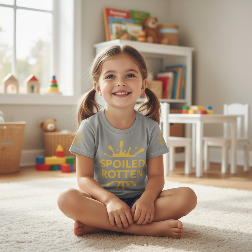 Child sitting on a carpeted floor wearing a t-shirt with 'Spoiled Rotten' text in a playroom.
