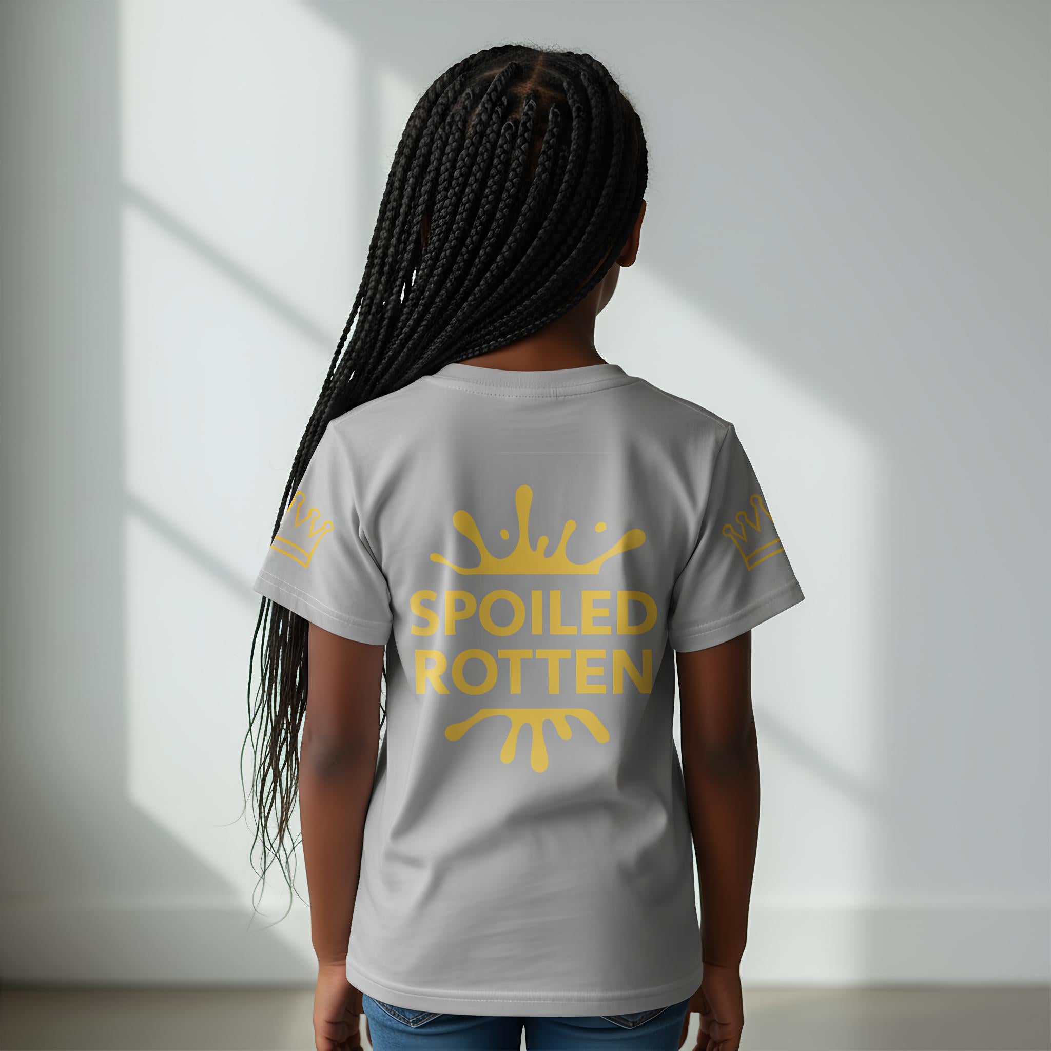 Person wearing a gray t-shirt with 'SPOILED ROTTEN' in gold on a plain background