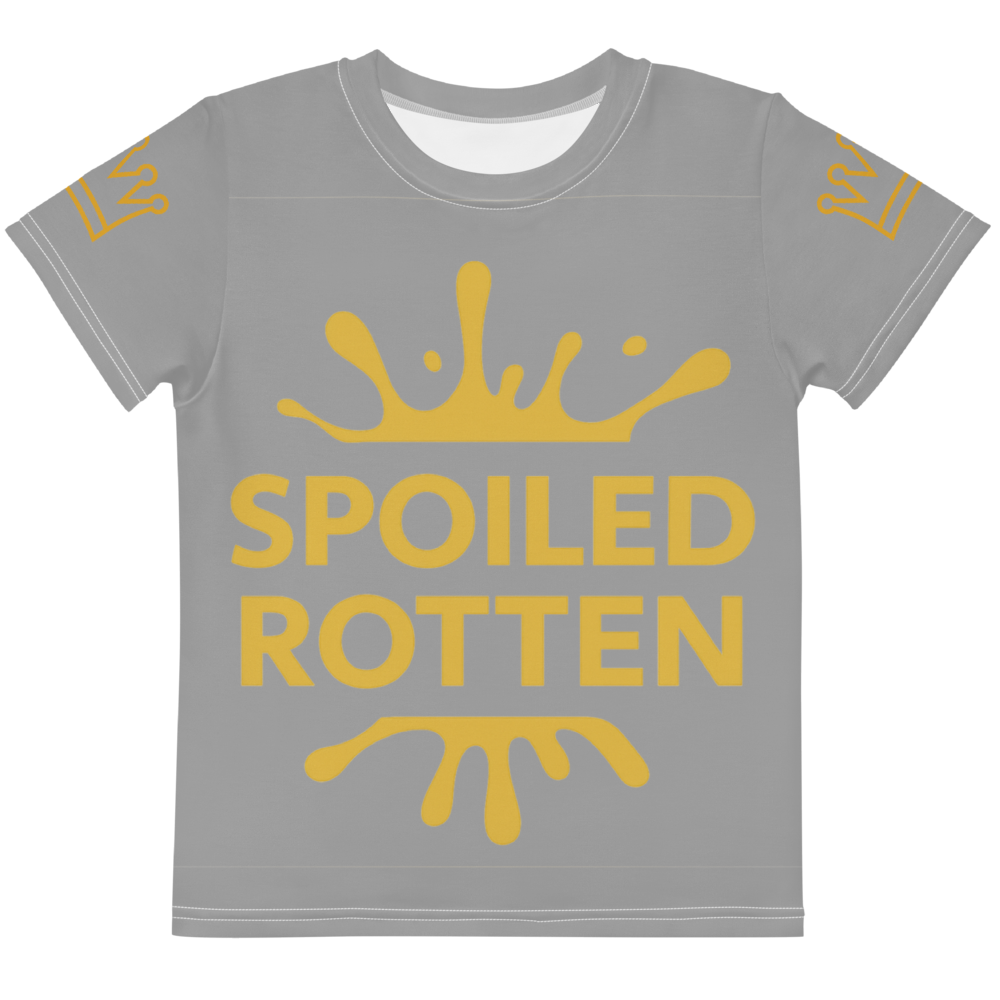 Gray t-shirt with 'Spoiled Rotten' in gold on a white background