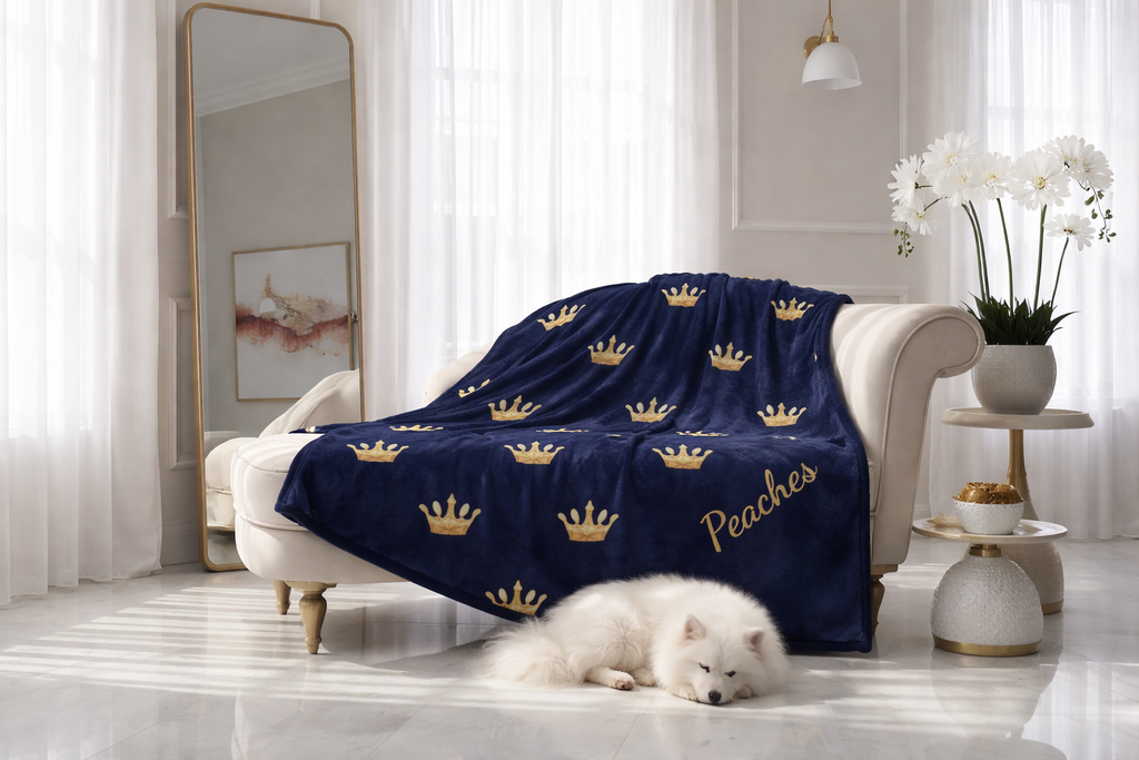 Personalized Pet Throw Blanket – Deep Navy, Crown