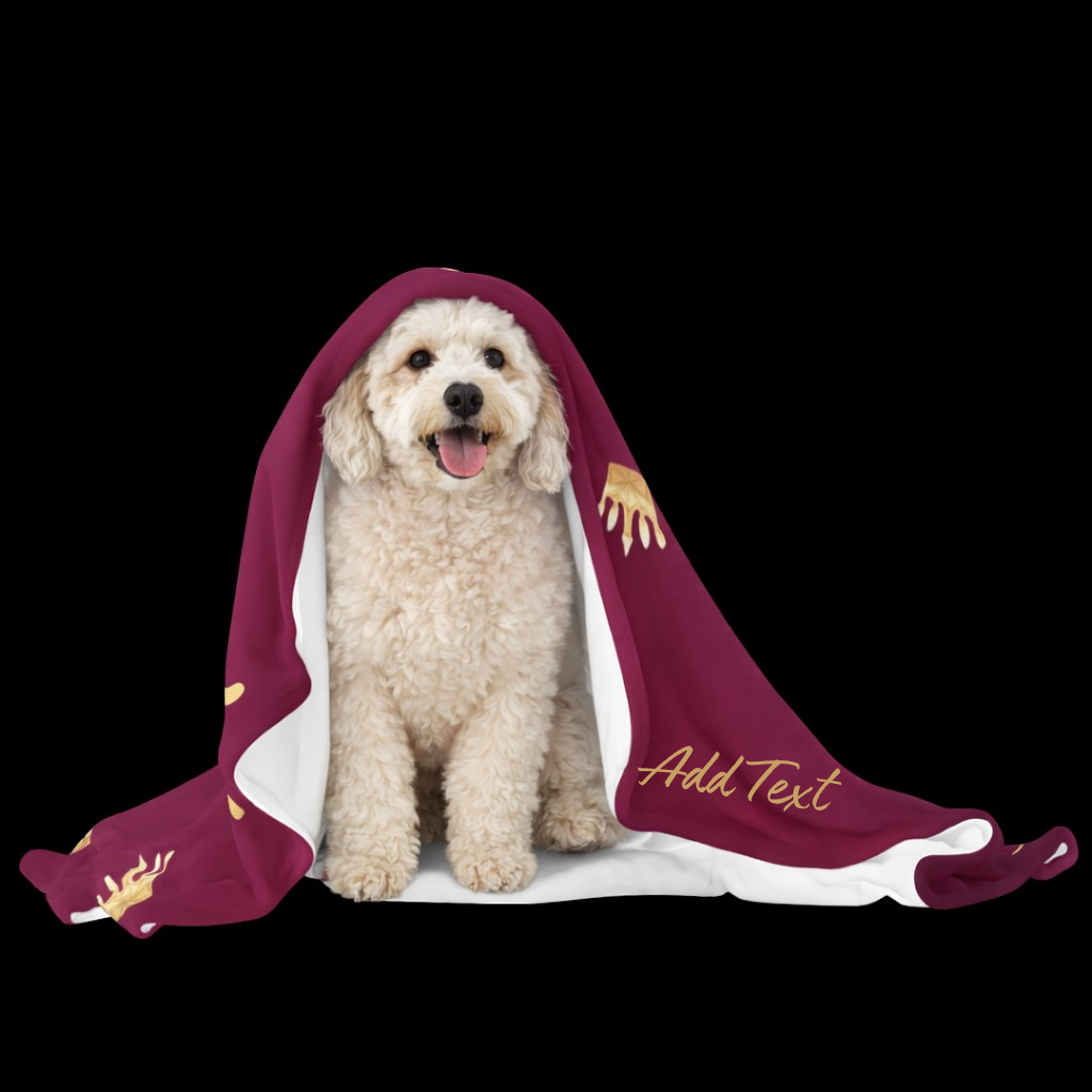 Dog sitting under a burgundy blanket with gold text on a black background