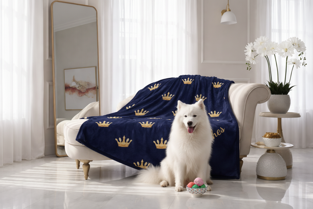 White dog sitting on a blue blanket with gold crowns on a white couch in a modern living room.