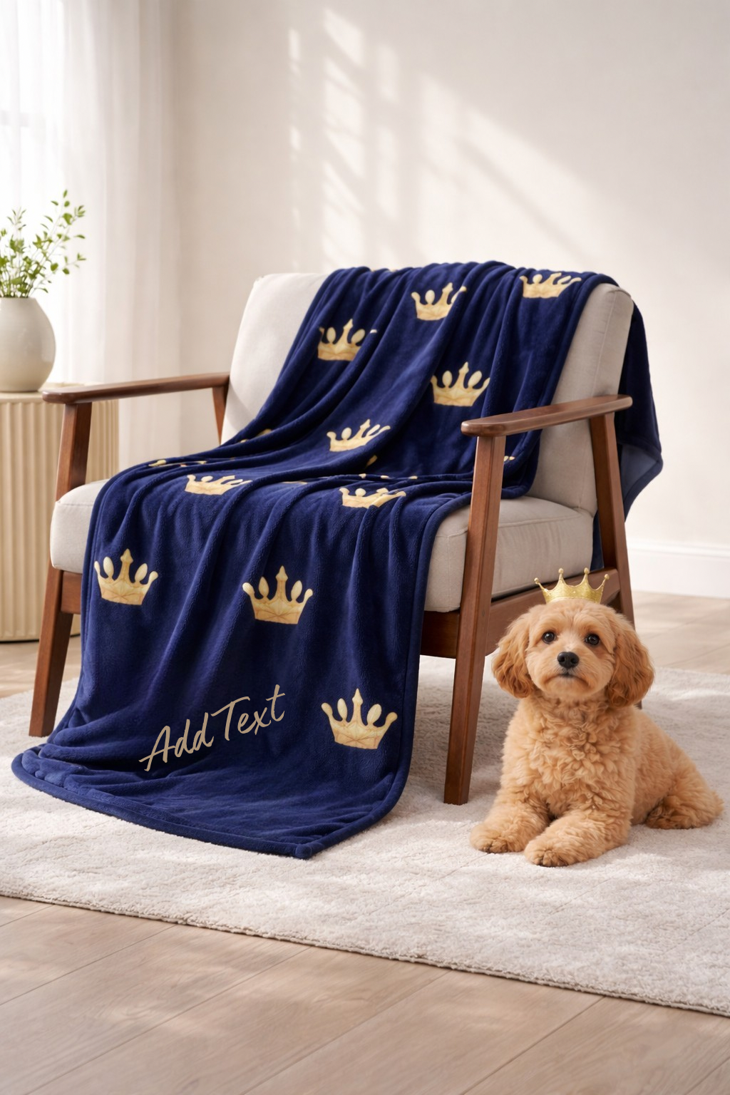 Navy blue blanket with gold crowns and text on a chair, with a dog sitting below.