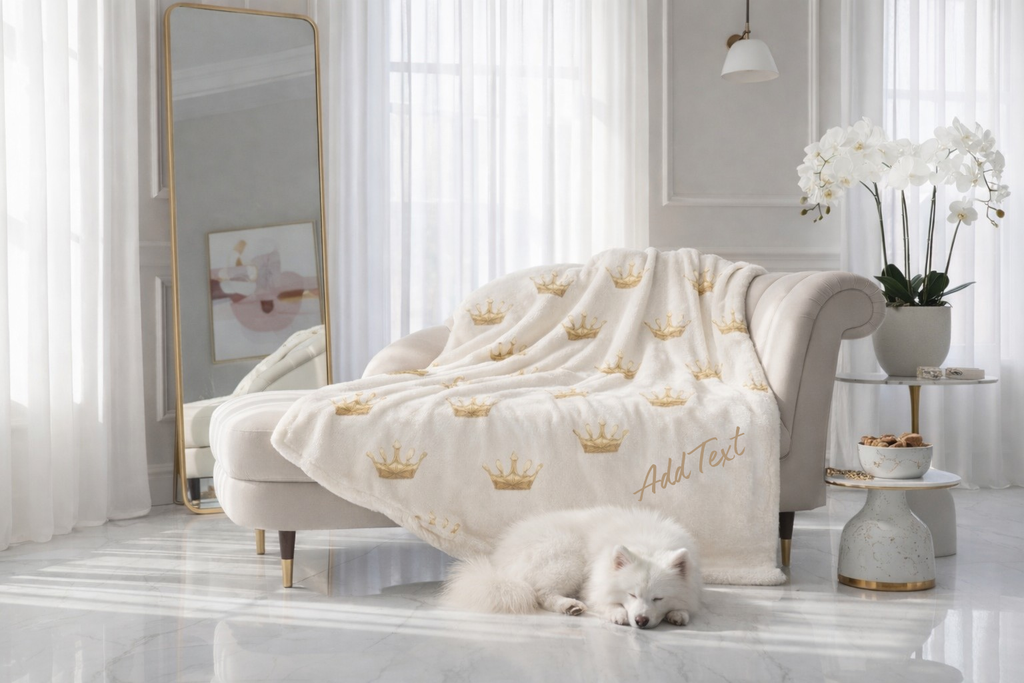 White dog lying on a marble floor next to a white couch with a decorative blanket featuring gold crowns and text.