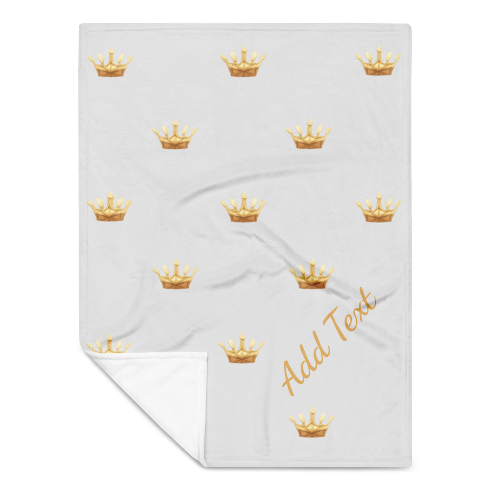 White blanket with gold crowns and 'Add Text' option on a white background