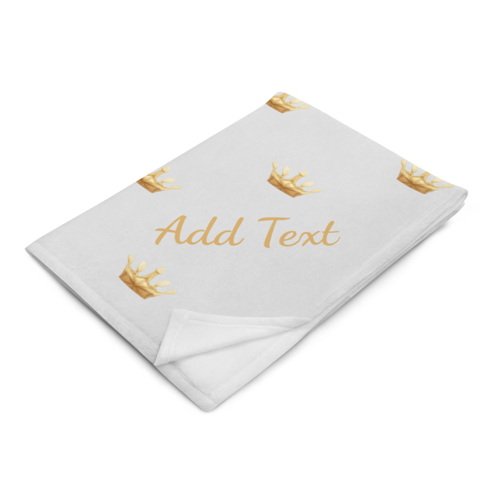 White blanket with gold deer patterns and 'Add Text' text on a white background