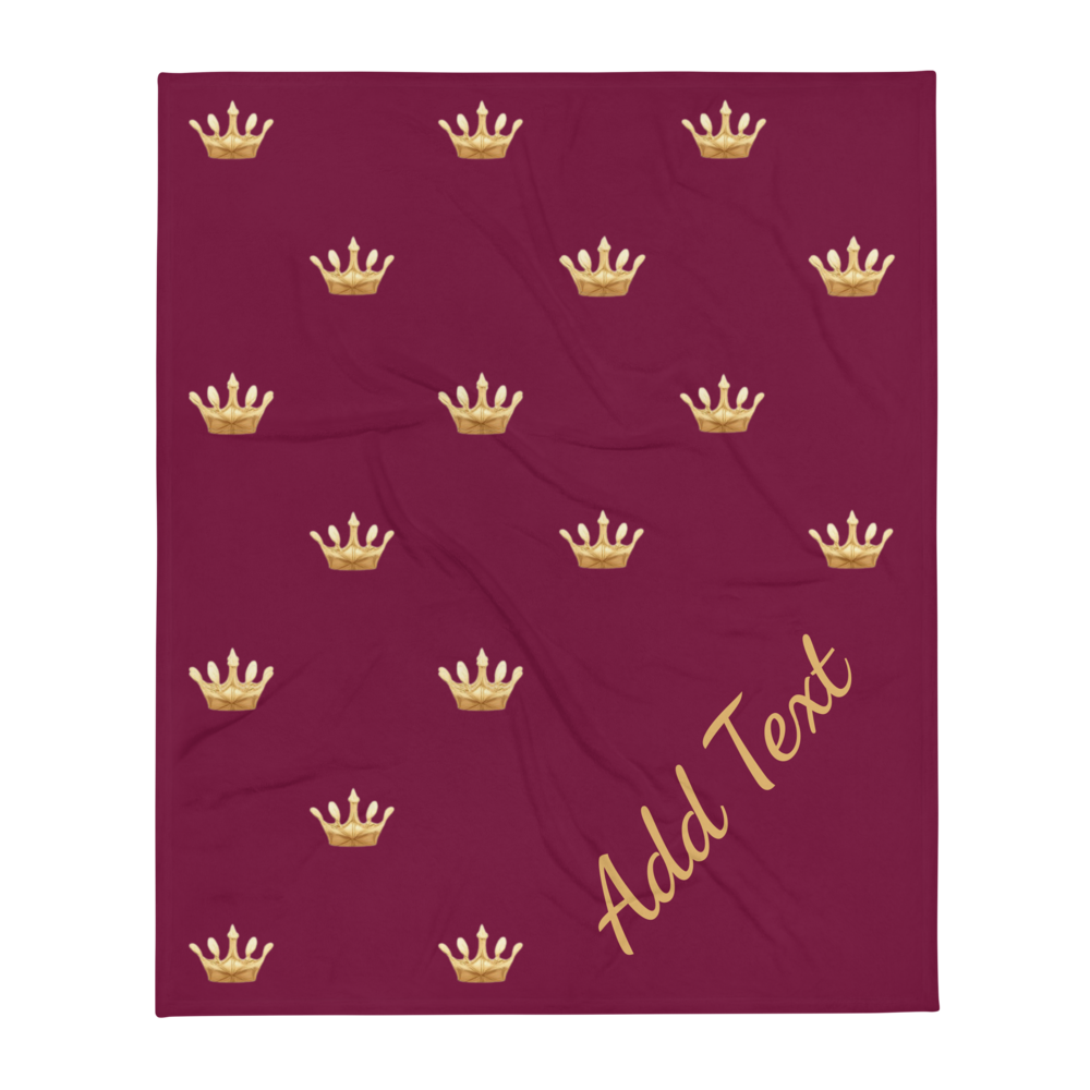 Maroon fabric with gold crowns and 'Add Text' option on a white background