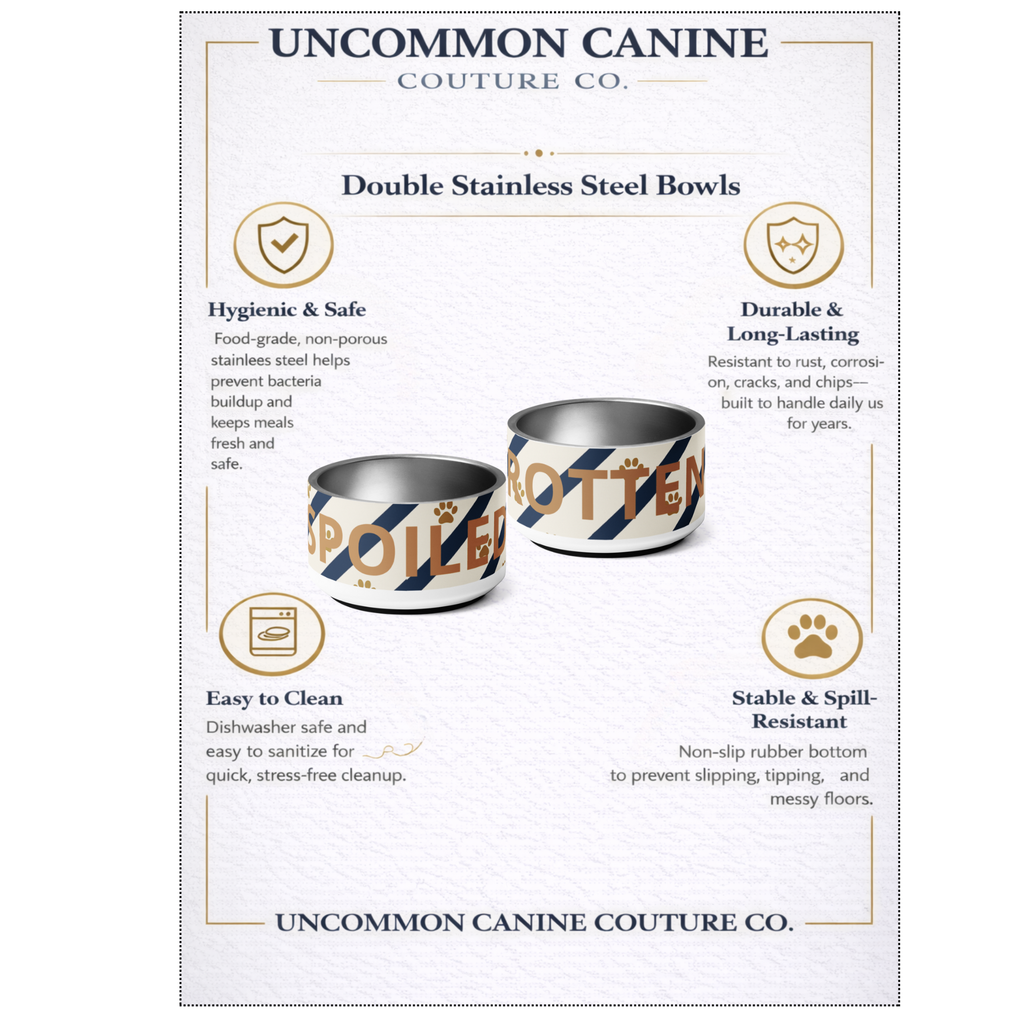 Uncommon Canine Couture Co. dog bowls with features listed on a white background