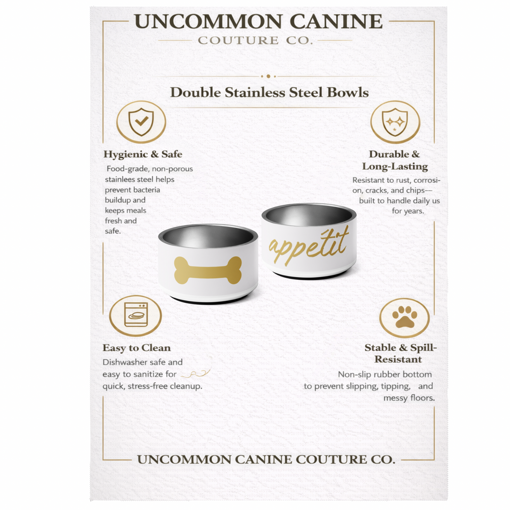 Uncommon Canine Couture Co. double stainless steel bowls with features listed on a white background.