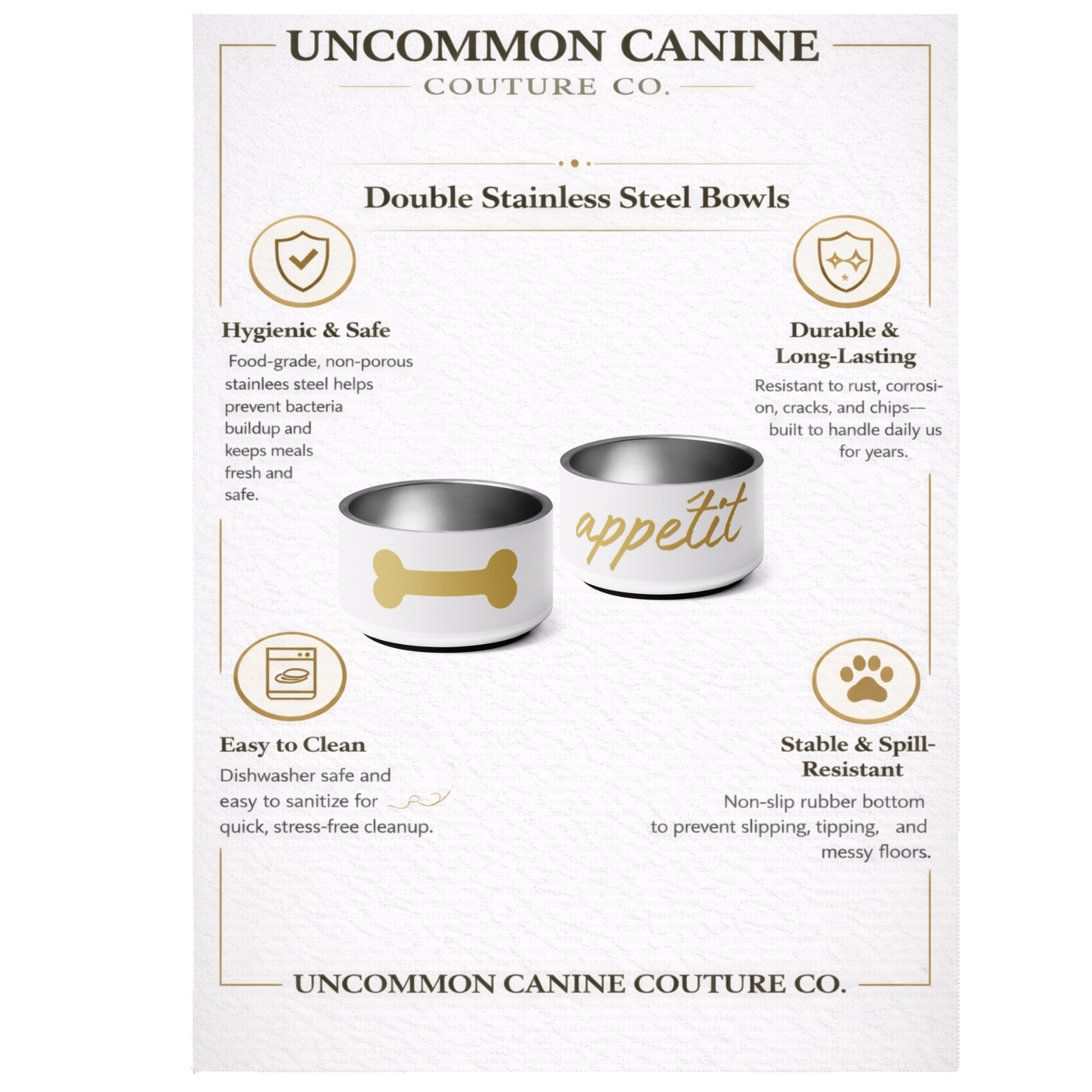 Uncommon Canine Couture Co. double stainless steel bowls with features listed on a white background.
