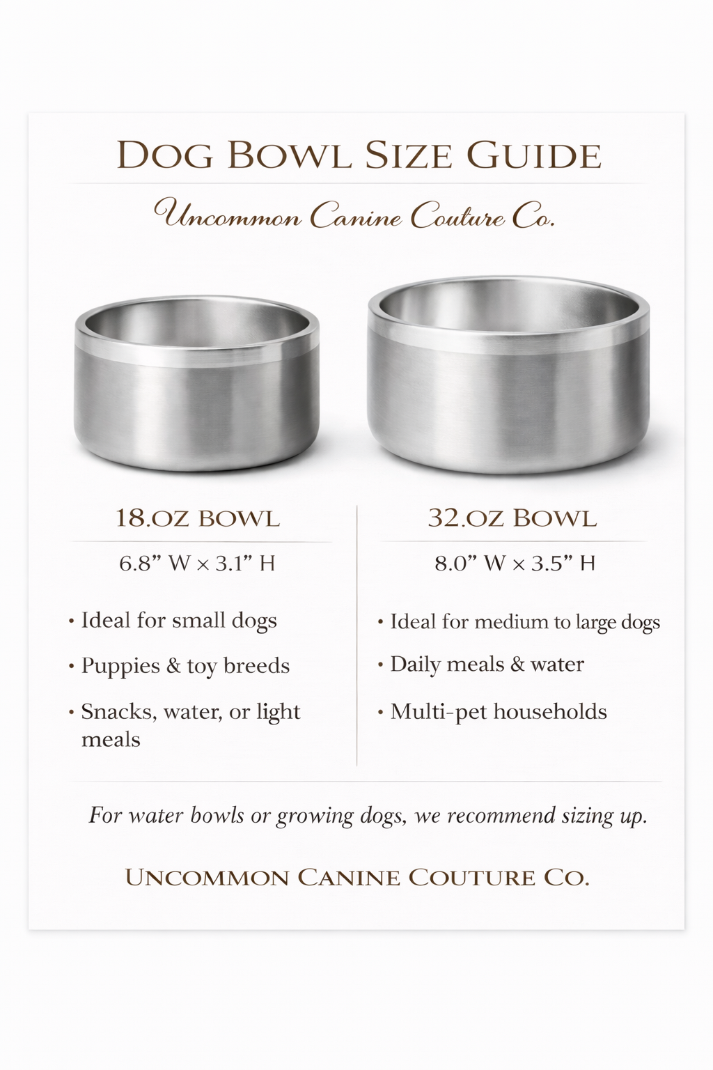 Dog bowl size guide with two metal bowls and dimensions on a white background.