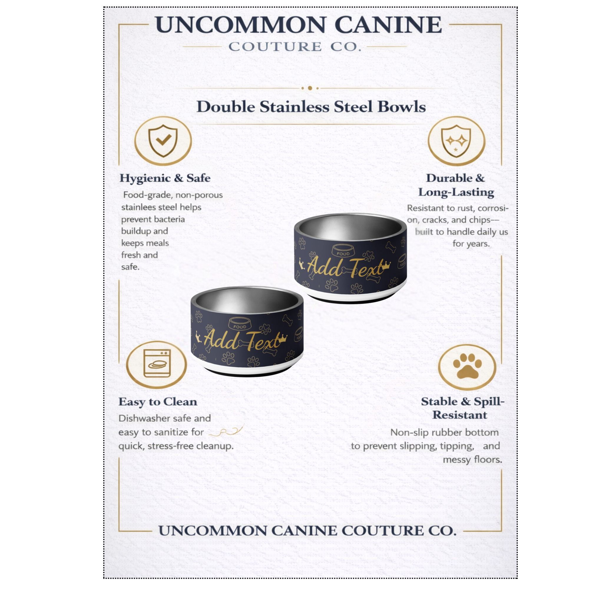 Uncommon Canine Couture Co. double stainless steel bowls with text customization options on a branded background.