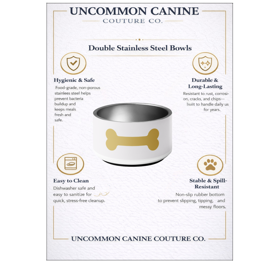 Uncommon Canine Couture Co. stainless steel dog bowl with gold bone design on a white background