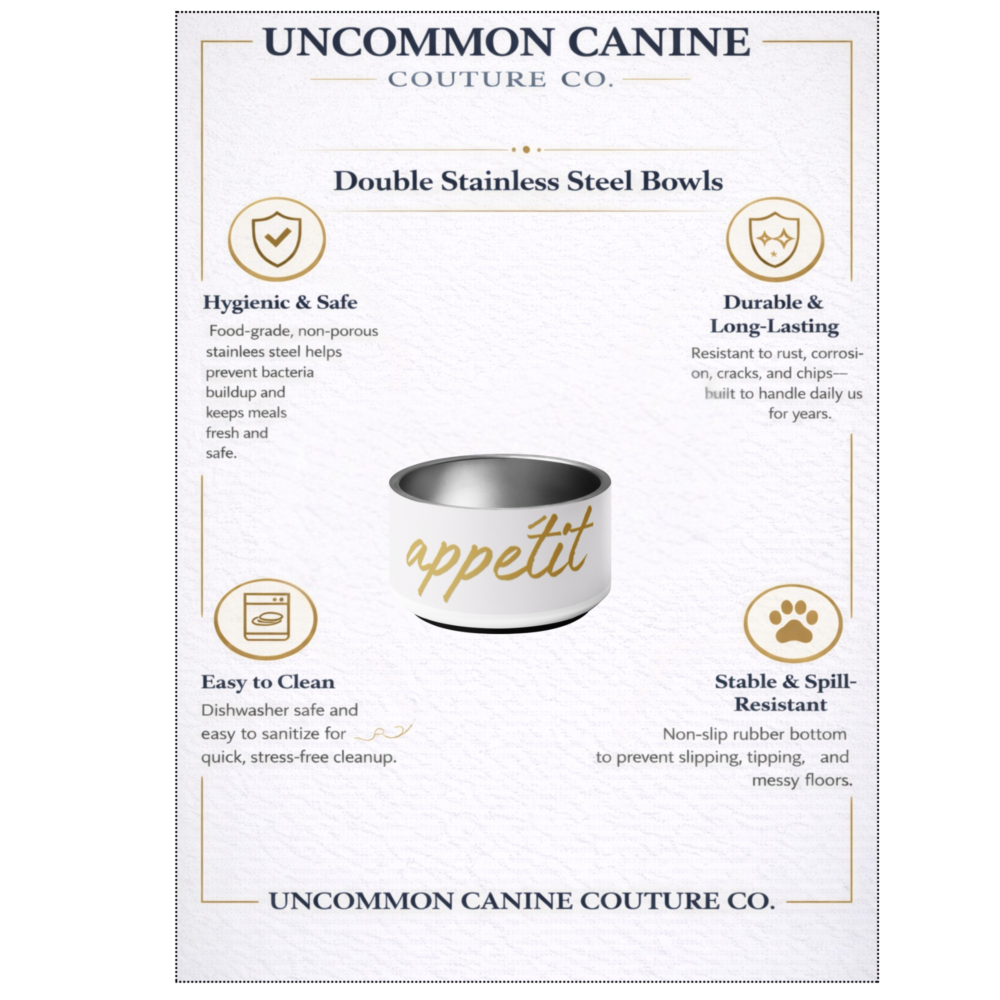 Uncommon Canine Couture Co. dog bowl with features listed on a white background
