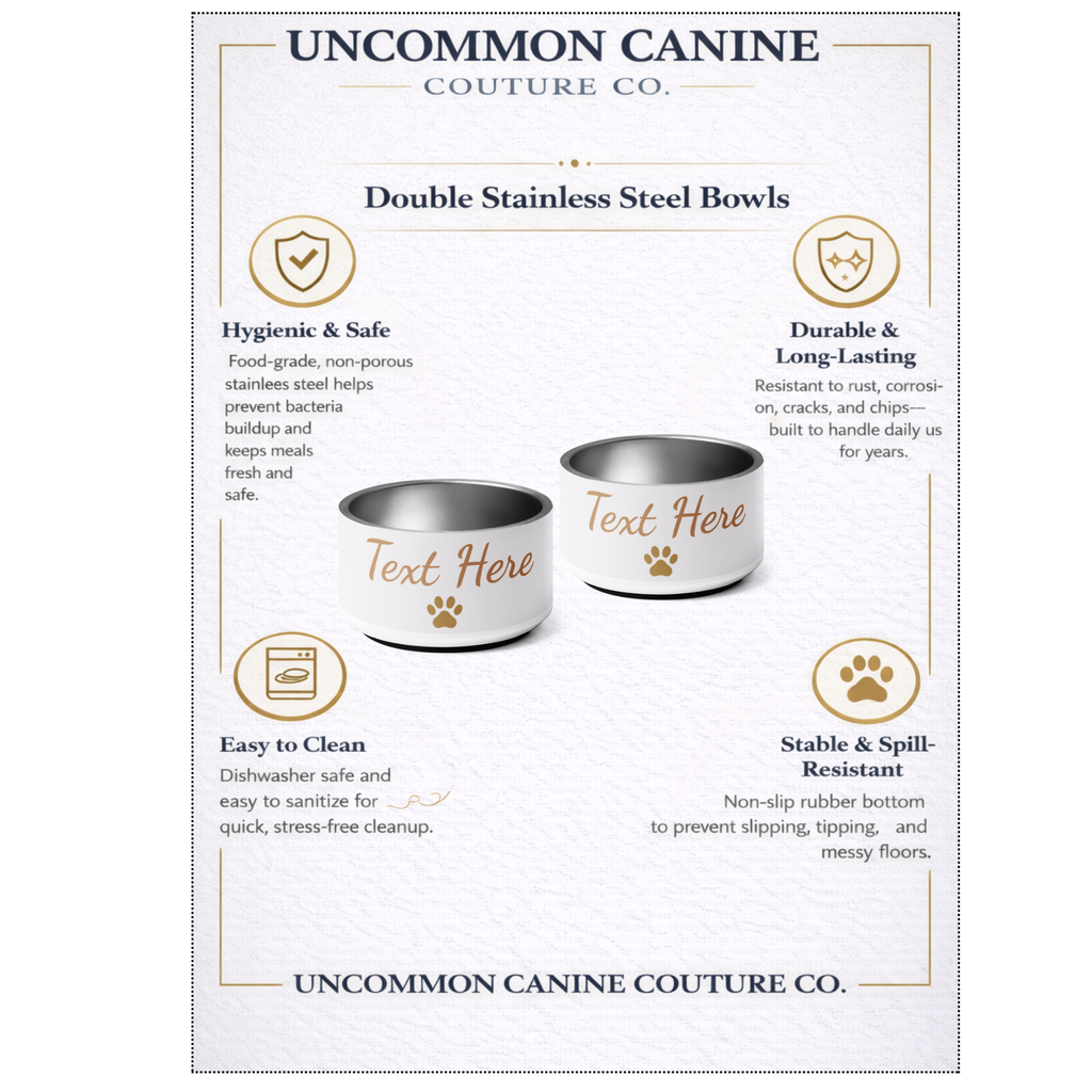 Uncommon Canine Couture Co. dog bowls with text customization options on a branded background.