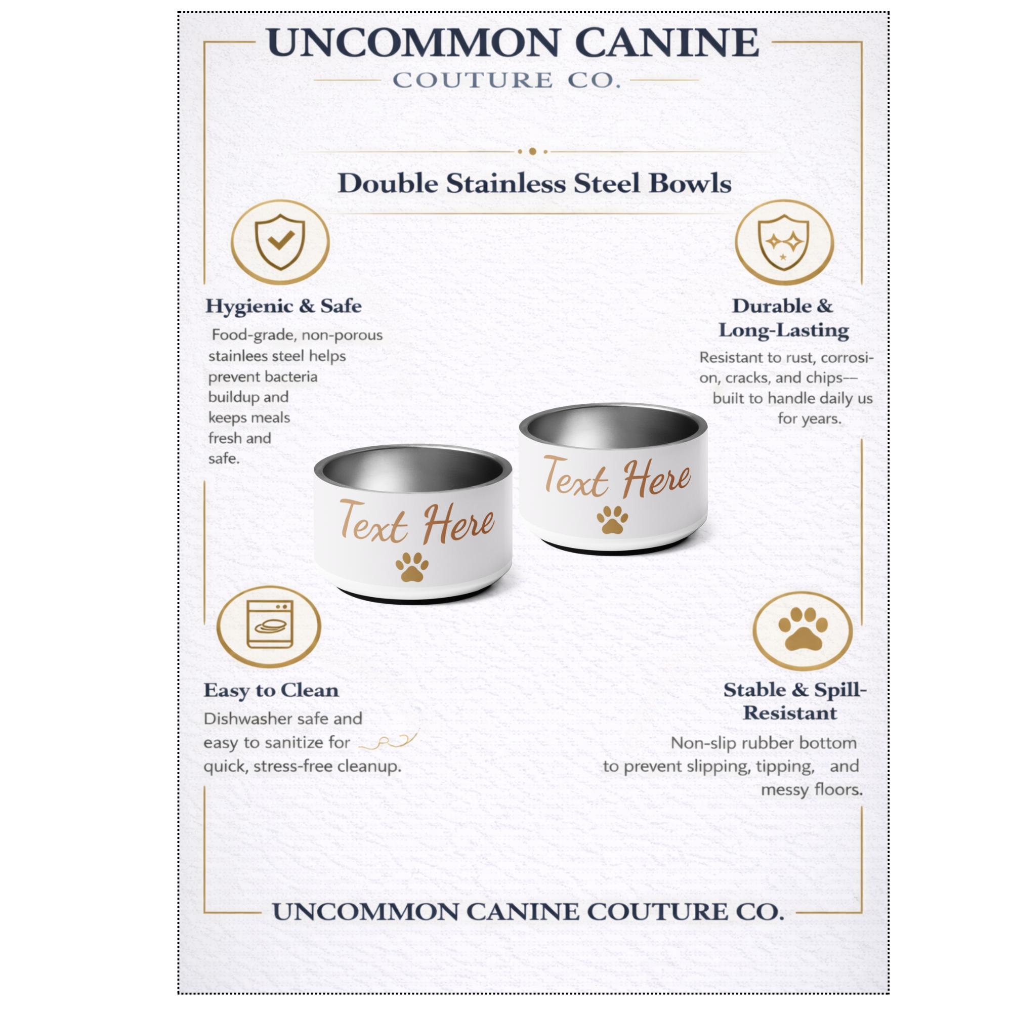 Uncommon Canine Couture Co. dog bowls with text customization options on a branded background.