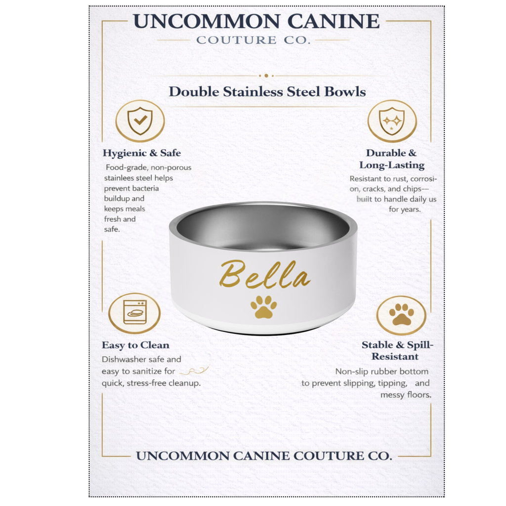 Uncommon Canine Couture Co. stainless steel dog bowl with 'Bella' engraved on a branded background.