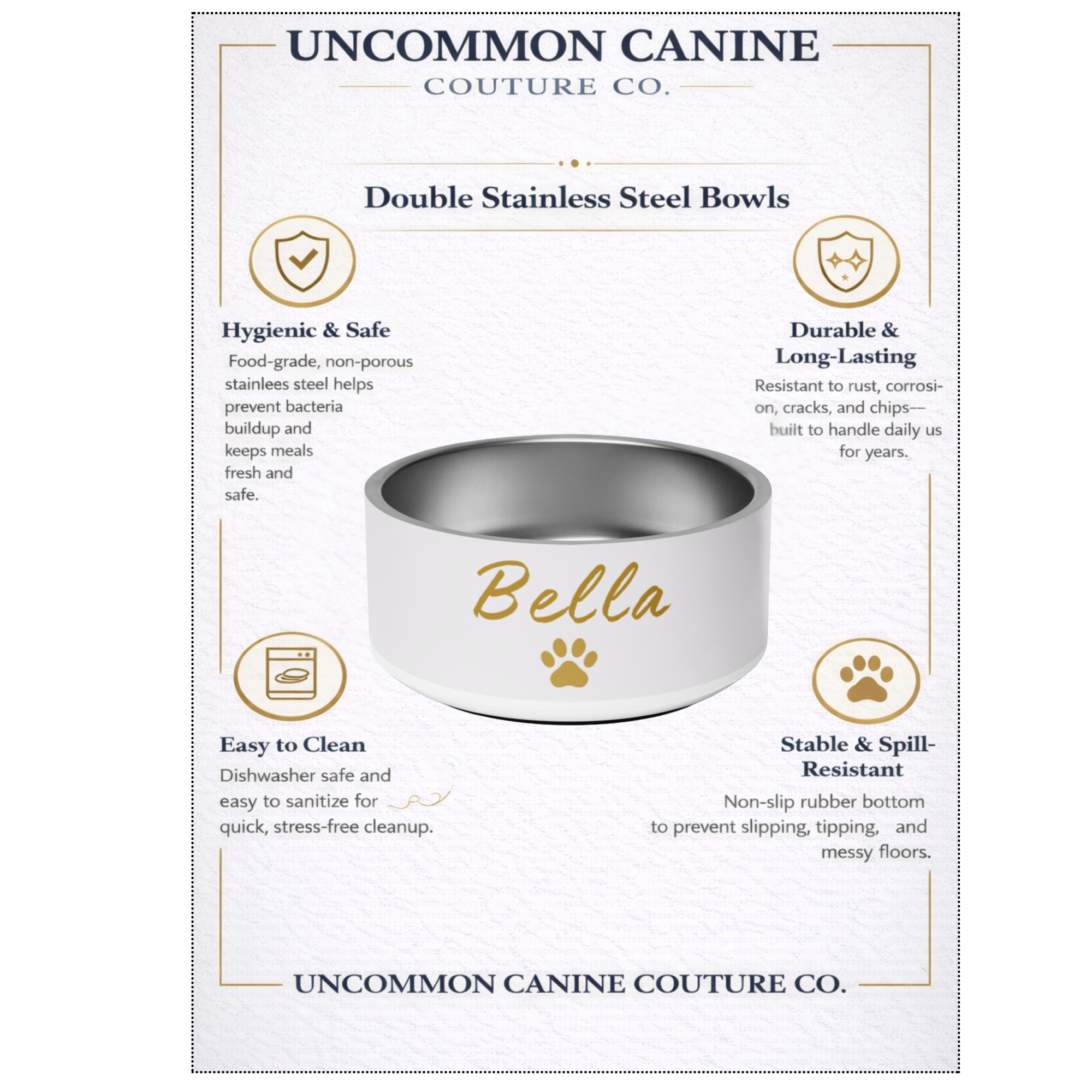 Uncommon Canine Couture Co. stainless steel dog bowl with 'Bella' engraved on a branded background.