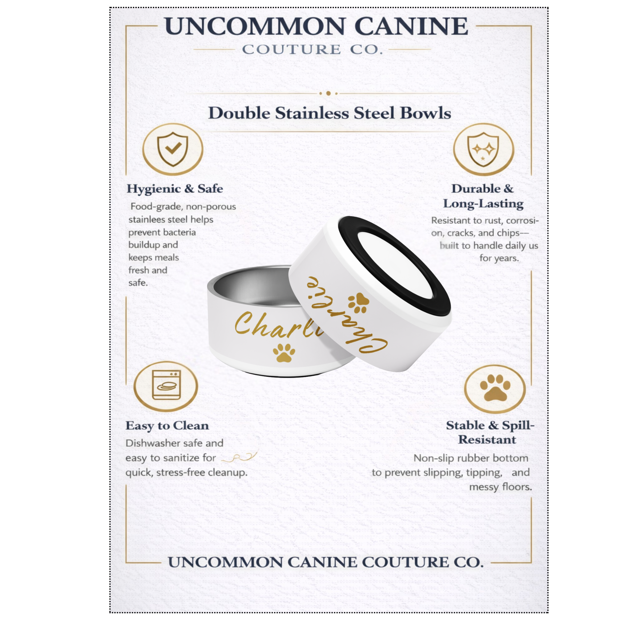 Uncommon Canine Couture Co. dog bowls with branding and product features on a white background