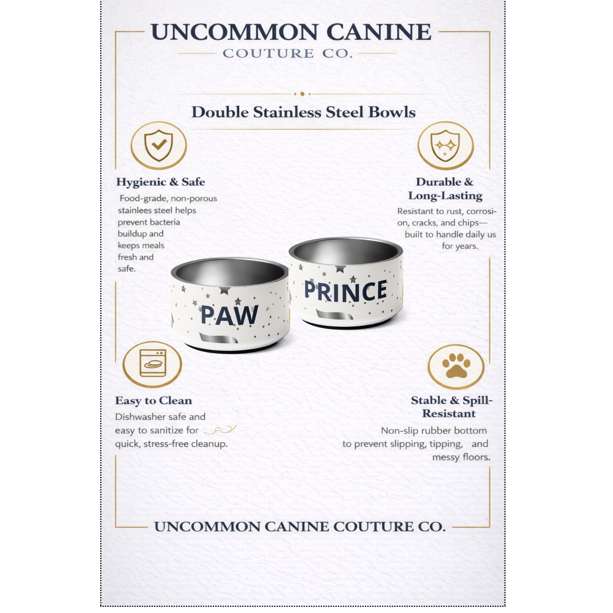 Uncommon Canine Couture Co. dog bowls packaging with 'PRINCE' on a white background