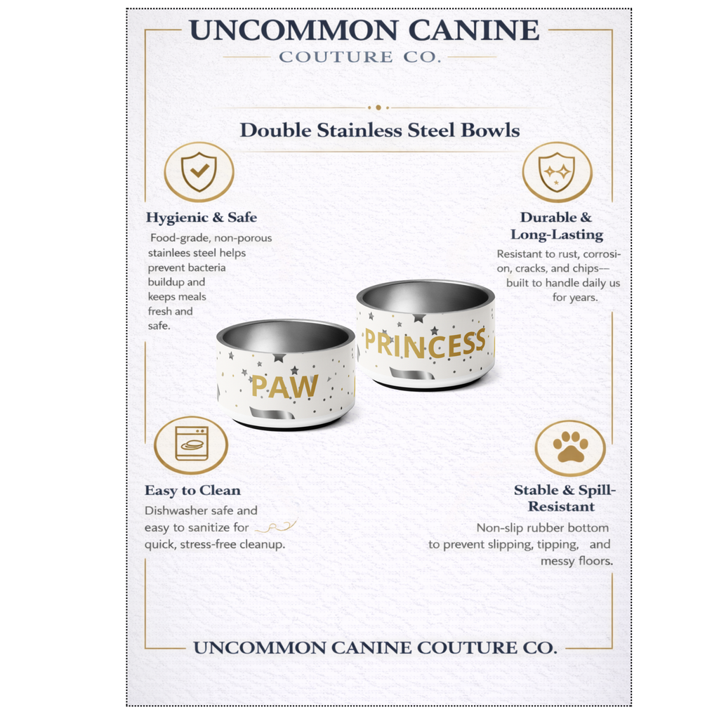 Uncommon Canine Couture Co. dog bowls with features listed on a white background