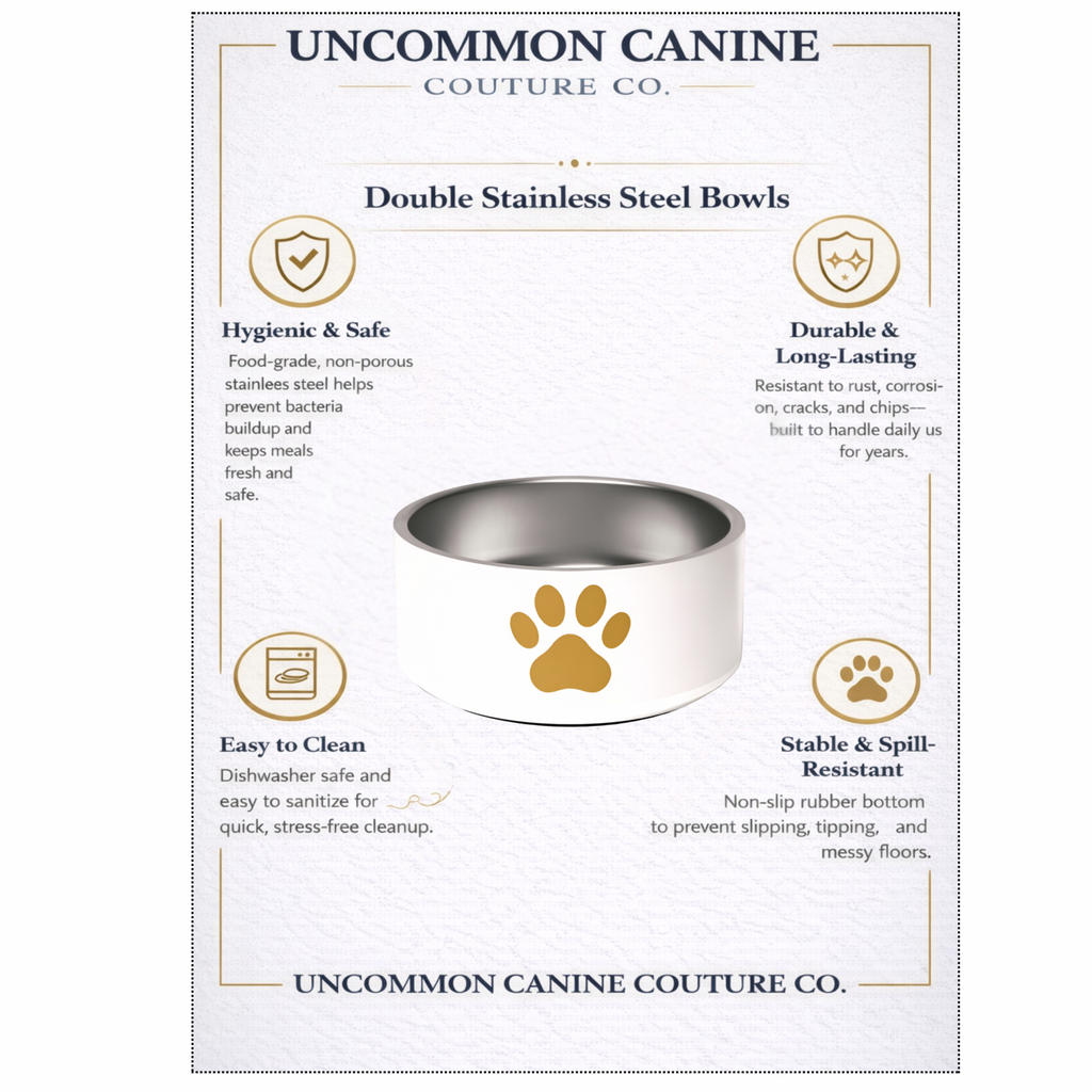 Uncommon Canine Couture Co. stainless steel dog bowl with features listed on a white background
