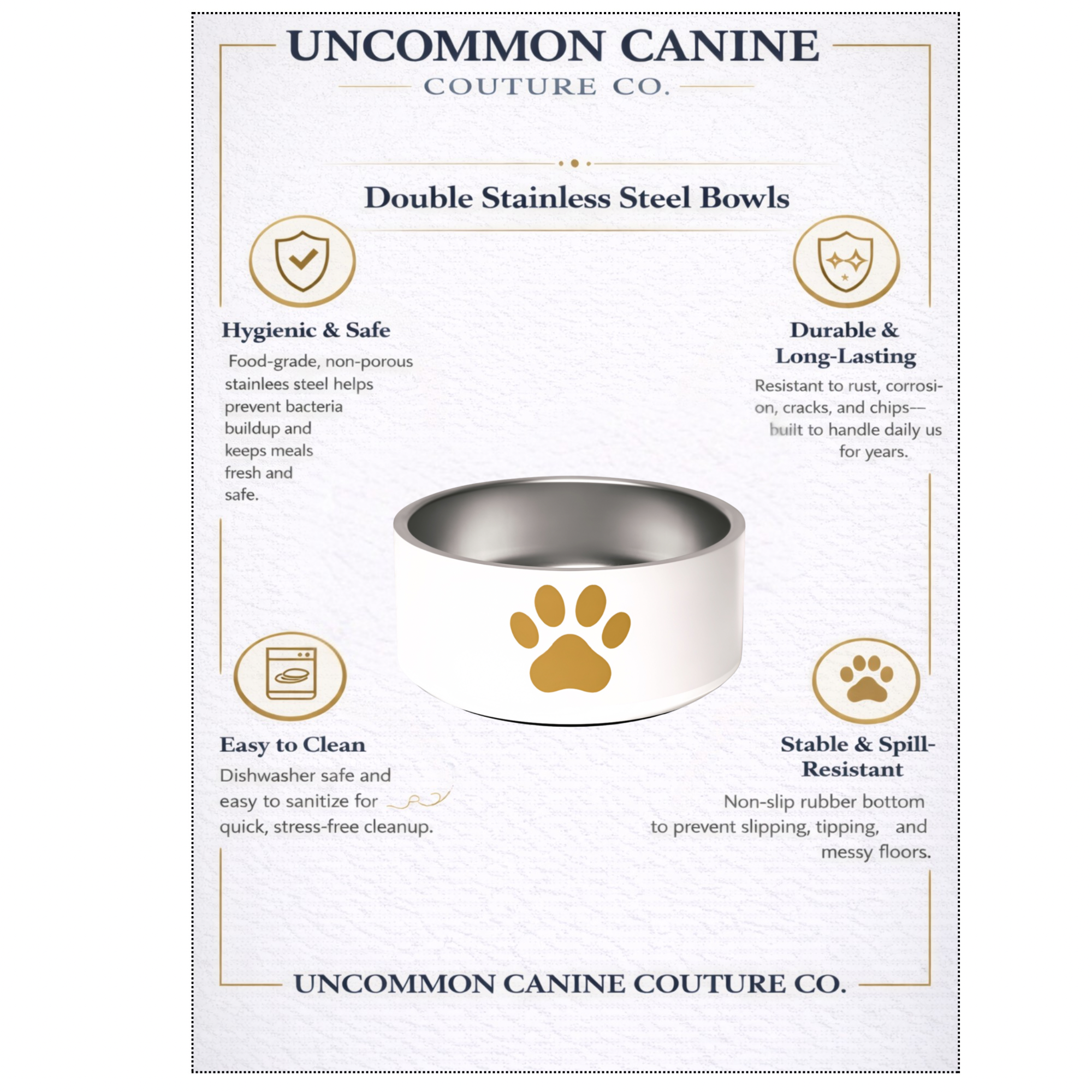 Uncommon Canine Couture Co. stainless steel dog bowl with features listed on a white background